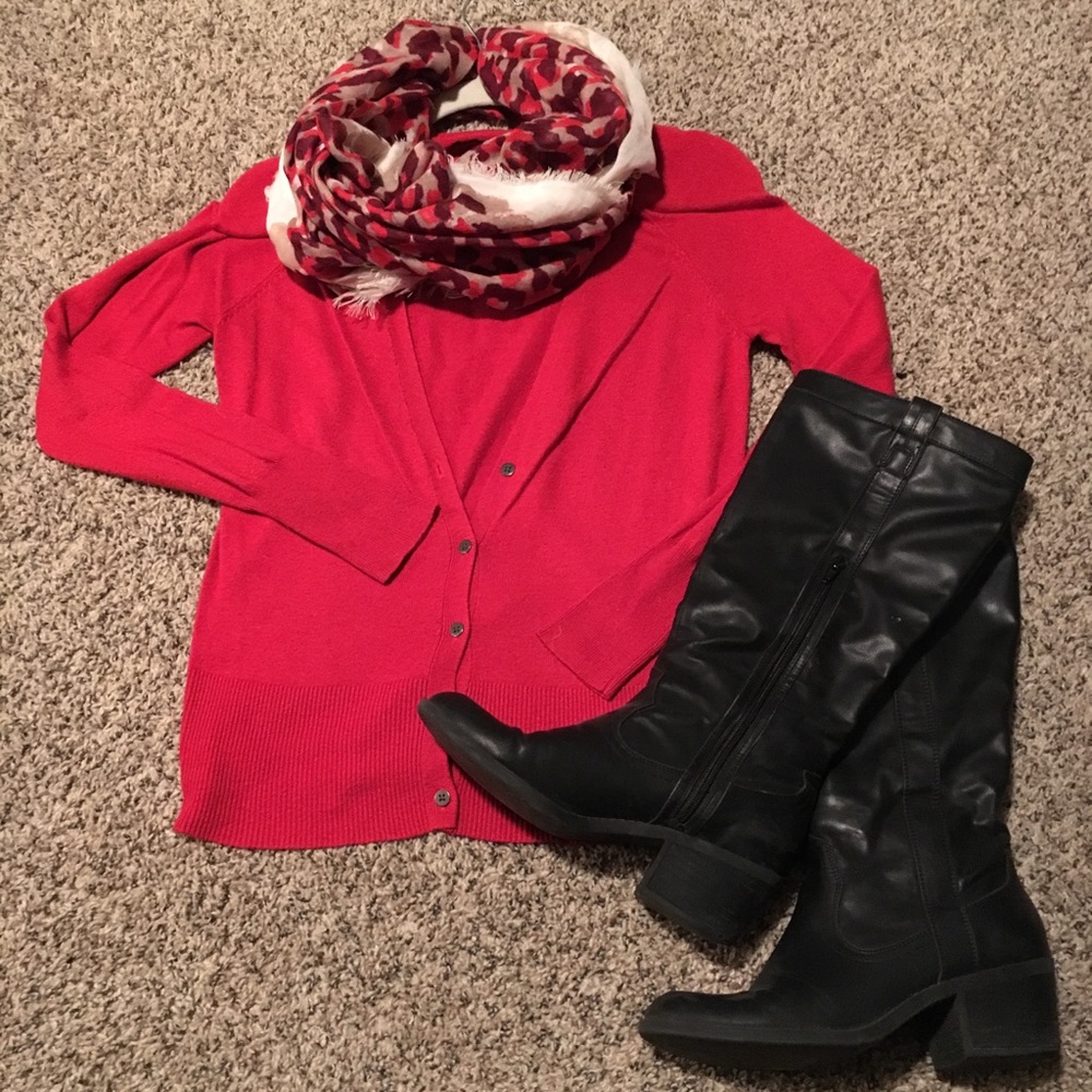 Red Cardigan with Charcoal Buttons